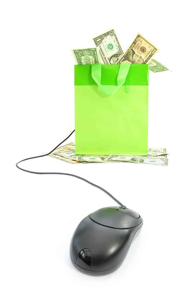 Mouse and cash shopping green bag